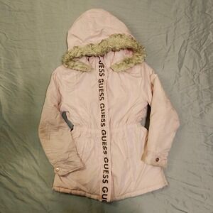 Guess Girls Pink Puffer Parka Jacket Sherpa Lined Faux Fur Hood Size L 14
